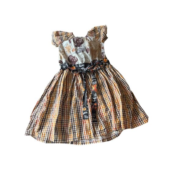 Thanksgiving-Themed Handmade Girls Dress Turkey Print & Plaid Short Sleeves 12 - Picture 4 of 4